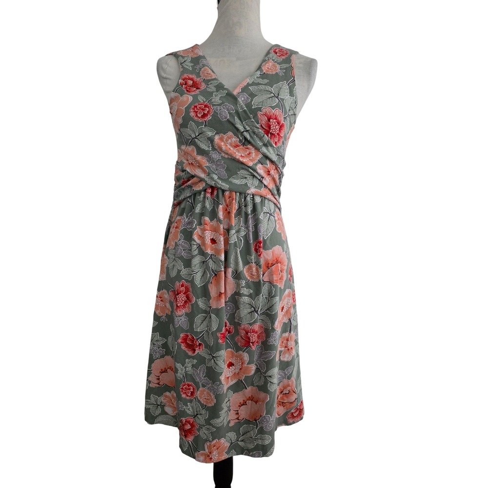 Lands' End Womens XS Sage Green Floral Draped Waist V-Neck Sleeveless Dress